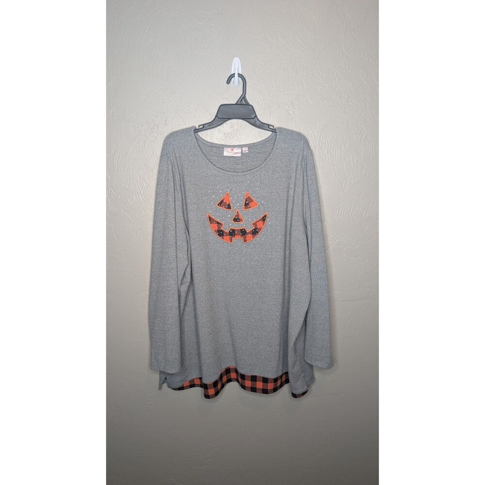Quacker Factory Womens 3X Jack-O-Lantern Hacci Top Buffalo Plaid Layer A454800